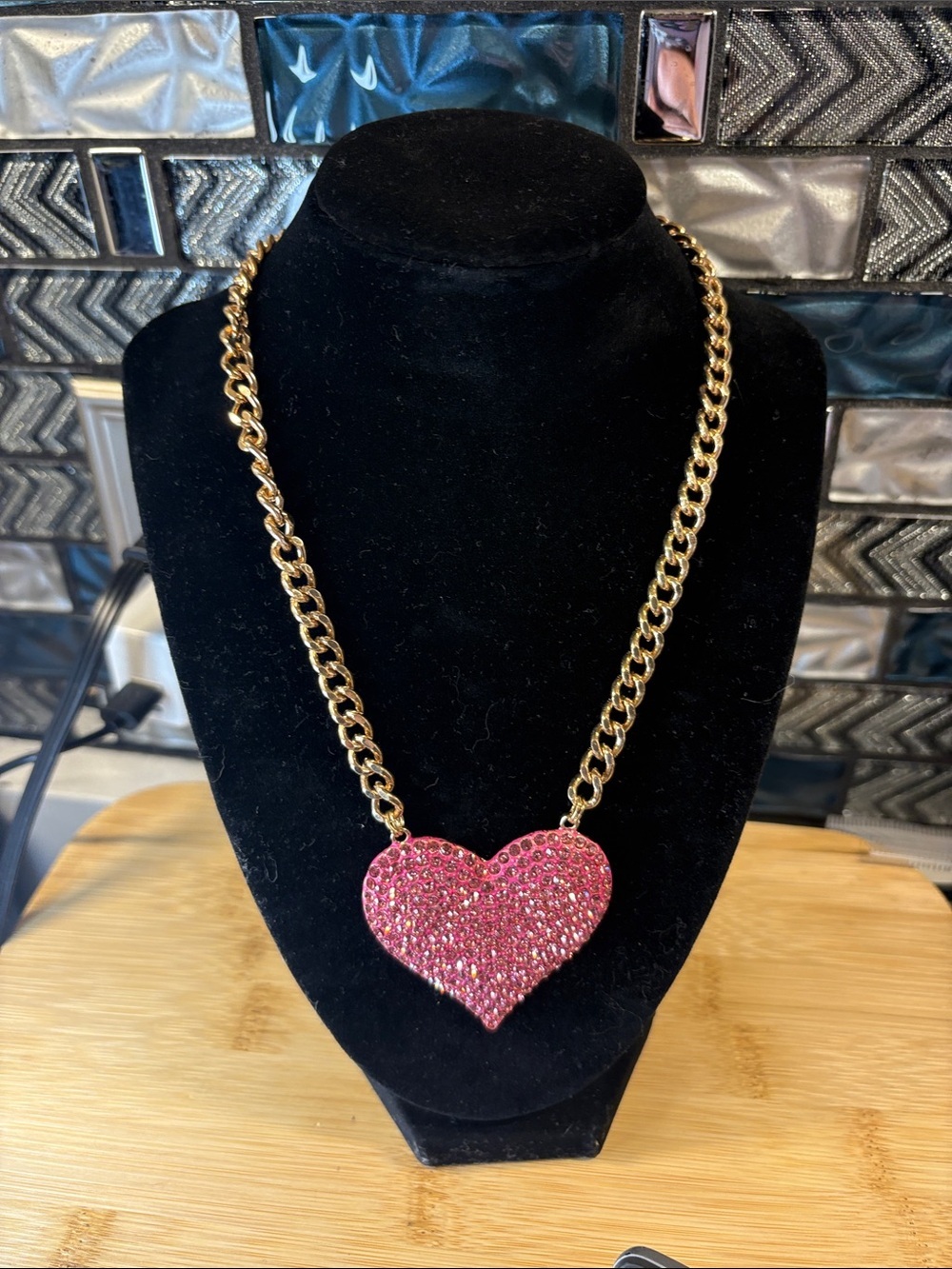 Gold-Tone Chain Necklace with Pink Crystal Heart Pendant
